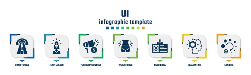 ui concept infographic design template. included road tunnel, team leader, marketing budget, weight loss, user data, realization, loading icons and 7 option or steps.