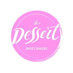 Sweet bakery, Dessert. Logo. Vector hand lettering. White calligraphy letters with floral elements on pink  circle. Trendy lettering for products sweets packaging cake cupcake candy fruits desserts.