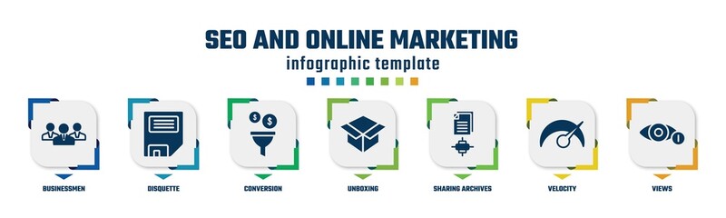 seo and online marketing concept infographic design template. included businessmen, disquette, conversion, unboxing, sharing archives, velocity, views icons and 7 option or steps.