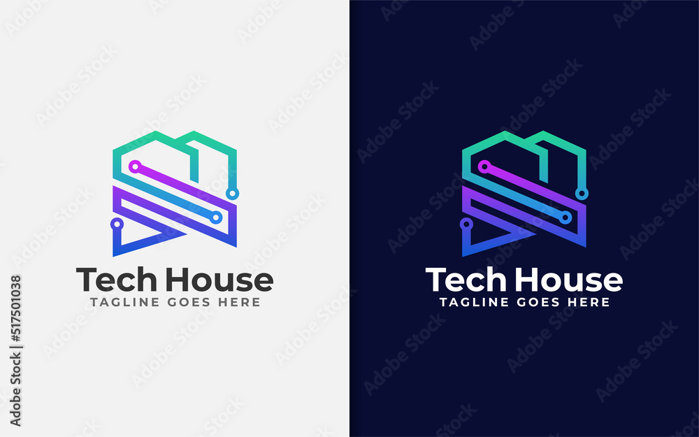 Poster Abstract Tech House Logo Design. Modern House Symbol and Tech Element Combination with Stylish Geometric Lines Concept.