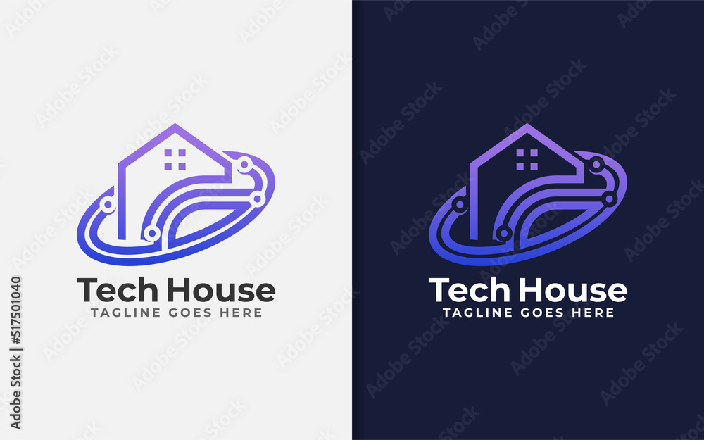 Poster Abstract Tech House Logo Design. Modern House Symbol and Tech Element Combination with Stylish Geometric Lines Concept.