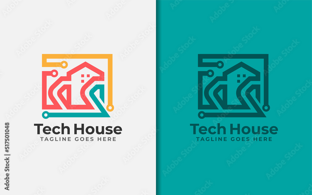 Poster Abstract Tech House Logo Design. Modern House Symbol and Tech Element Combination with Stylish Geometric Lines Concept.