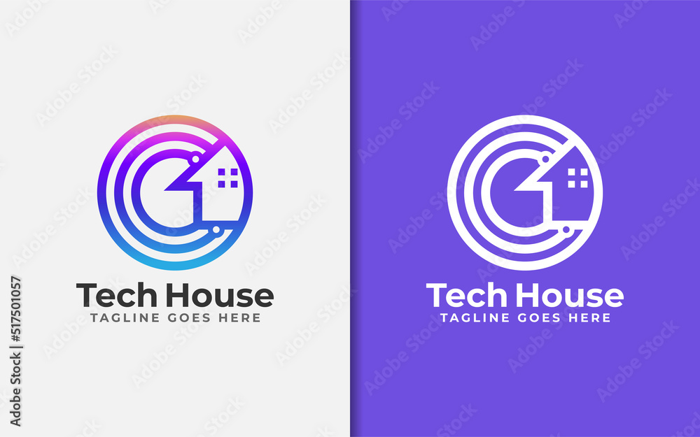 Poster Abstract Tech House Logo Design. Modern House Symbol and Tech Element Combination with Stylish Geometric Lines Concept.