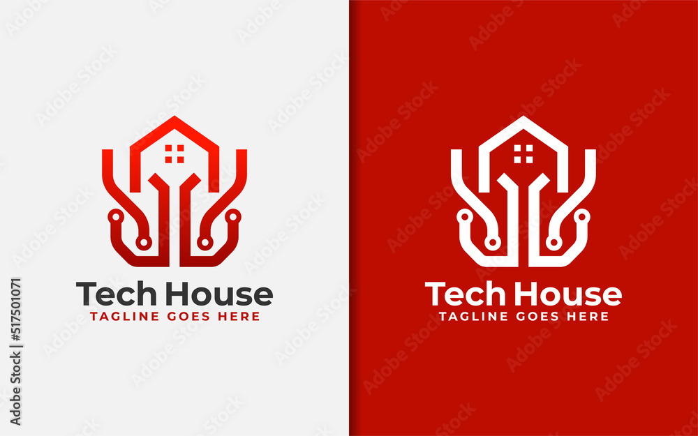 Aufkleber abstract tech house logo design. modern house symbol and tech element combination with stylish geome