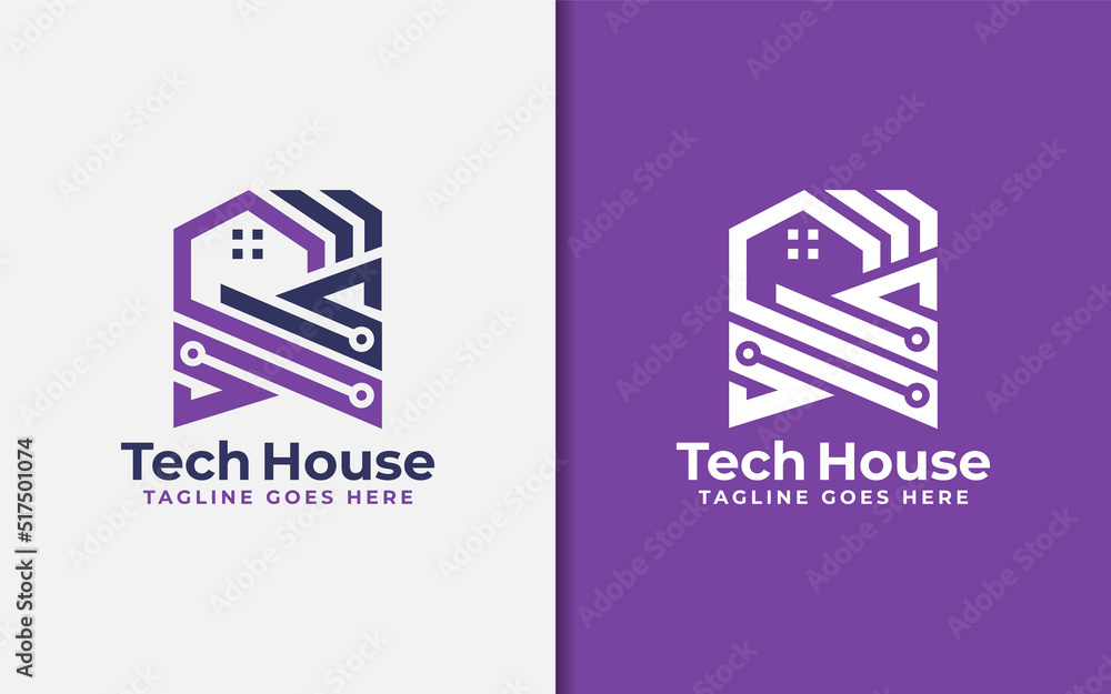 Poster Abstract Tech House Logo Design. Modern House Symbol and Tech Element Combination with Stylish Geometric Lines Concept.