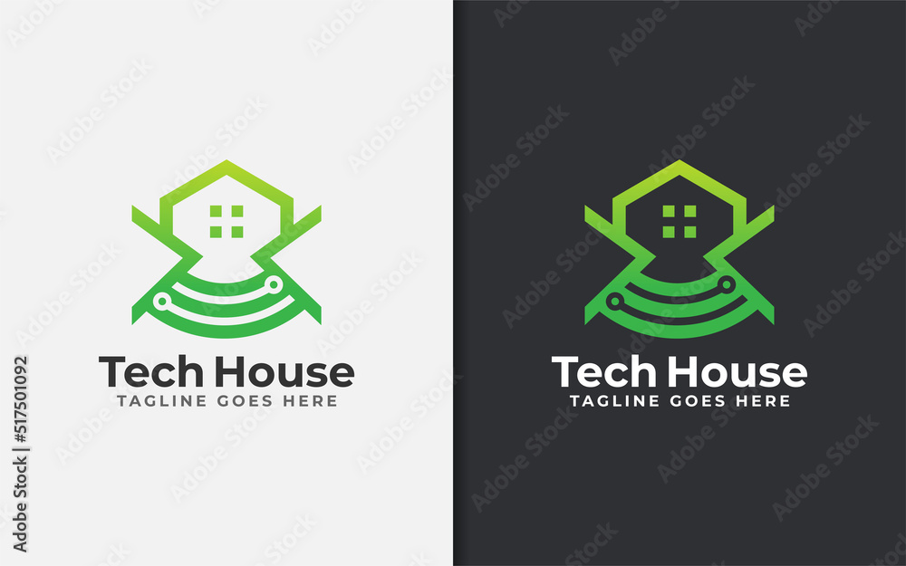 Poster abstract tech house logo design. modern house symbol and tech element combination with stylish geome