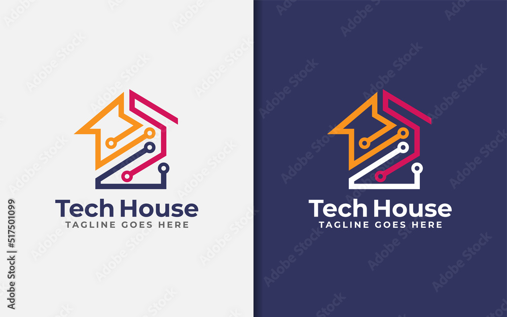 Poster Abstract Tech House Logo Design. Modern House Symbol and Tech Element Combination with Stylish Geometric Lines Concept.