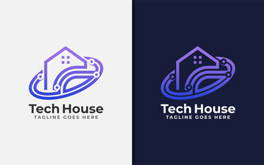 Abstract Tech House Logo Design. Modern House Symbol and Tech Element Combination with Stylish Geometric Lines Concept.