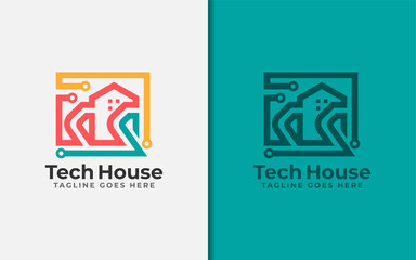 Abstract Tech House Logo Design. Modern House Symbol and Tech Element Combination with Stylish Geometric Lines Concept.