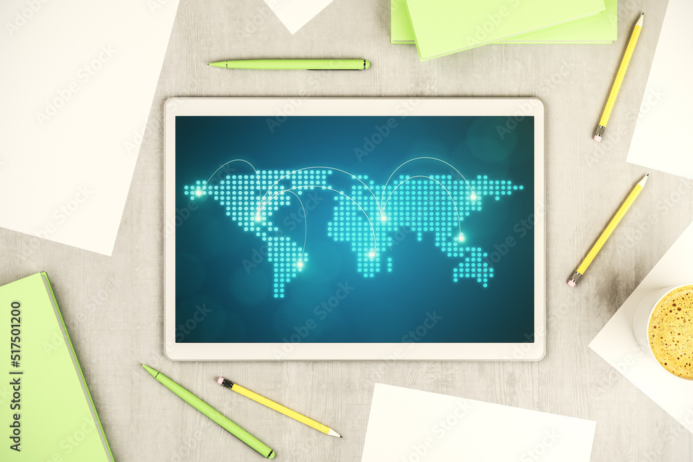 Poster abstract creative world map with connections on modern digital tablet screen, international trading 