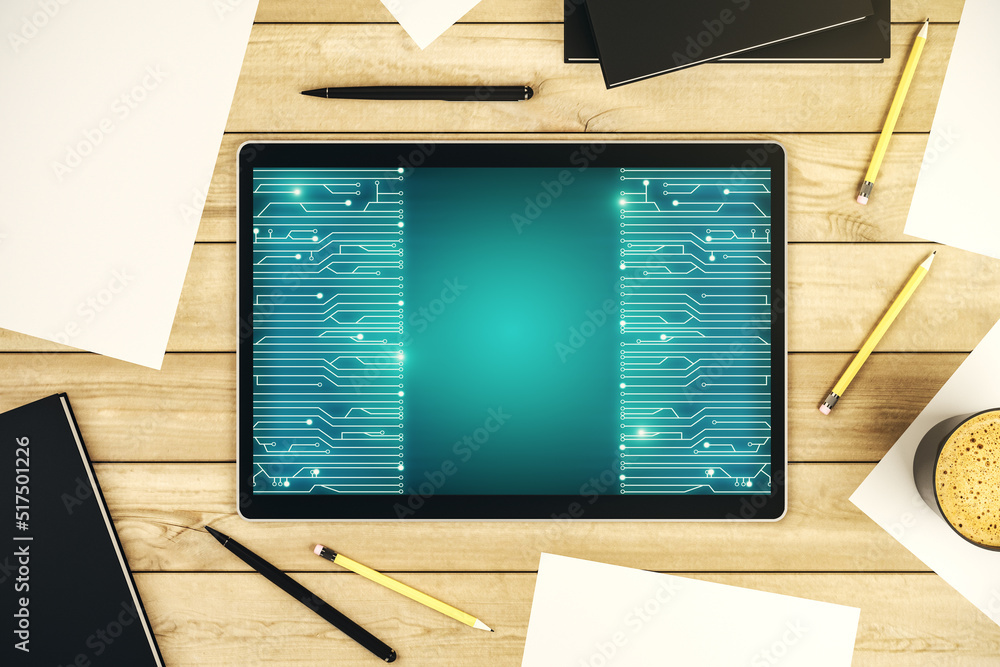 Poster Creative abstract micro circuit sketch on modern digital tablet screen, future technology and AI concept. Top view. 3D Rendering