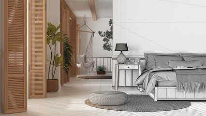 Architect interior designer concept: hand-drawn draft unfinished project that becomes real, country bedroom close up in boho style. Bed, hanging chair and potted plants