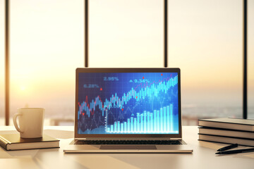 Modern computer screen with abstract creative financial chart, research and analytics concept. 3D Rendering