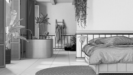 Blueprint unfinished project draft, bohemian wooden bedroom and bathroom in boho style. Bed, bathtub and jute carpet, potted plants. Window with shutters. Country interior design