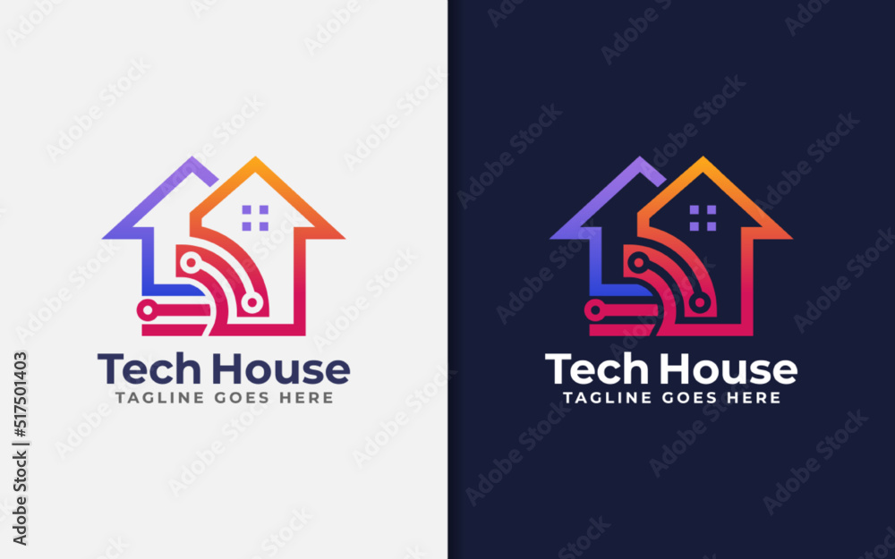 Poster abstract tech house logo design. modern house symbol and tech element combination with stylish geome