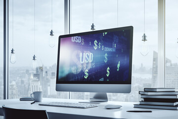 Creative concept of USD symbols illustration on modern laptop screen. Trading and currency concept. 3D Rendering