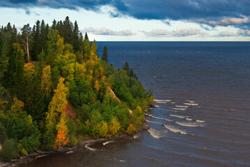 Russia. Vologda region. Autumn colors on the Southeastern shore of Lake Onega near the mouth of the Andoma River.
