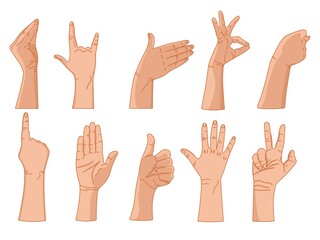 Gestures with the fingers of the hand. Set of color images. Vector. Used for tables, magazines, prints, signs, stickers, web design.