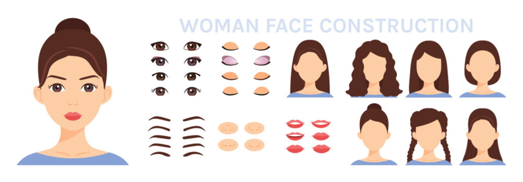 Woman Face Construction. Set of Lips Noses and Brows. Eyes Open and Closed. Create a Caucasian Female Character. Avatar. Hairstyles and Haircuts for Lady. Cartoon Color style. White background. Vector