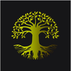 Golden tree logo, oak tree with branches and root vector illustration, EPS 10.