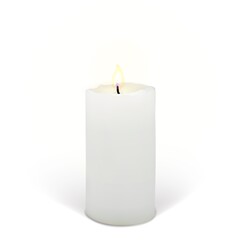 Realistic burning candle on a white background. 3d candle with melting wax, flame and halo of light. Vector illustration with mesh gradients. EPS10.