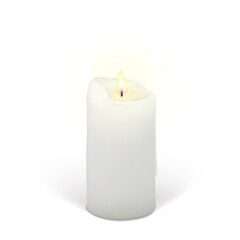 Realistic burning candle on a white background. 3d candle with melting wax, flame and halo of light. Vector illustration with mesh gradients. EPS10.