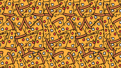 Horizontal seamless pizza pattern. Colored pizza background. Doodle vector pizza illustration
