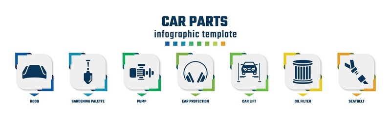 car parts concept infographic design template. included hood, gardening palette, pump, ear protection, car lift, oil filter, seatbelt icons and 7 option or steps.
