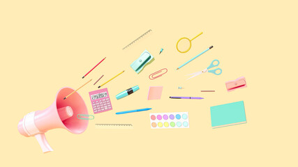 Creative back to school pink megaphone  concept on pastel background. All school supplies for students. Pencils, notebooks, ruler, books, scissors.