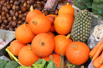 Healthy and fresh pumpkins are neatly arranged in baskets for sale in traditional markets. fresh orange vegetable background
