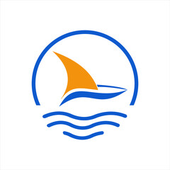 Sailboat and sun vector logo on the sea with waves