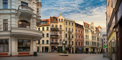 Intersection of Queen Jadwiga and Old Garbary streets early morning. Torun, Poland.