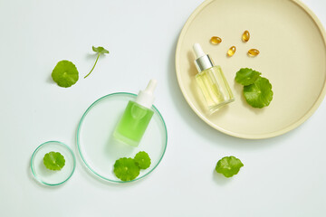 Gotu kola extract using in cosmetic for benefit on skin care , white background and cosmetic jar with petri dish , nature cosmetic content