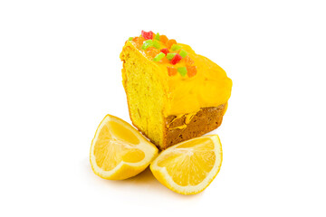 Lemon cupcake and lemon isolated on white.