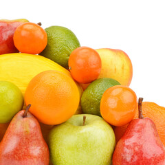 Close up of heap of fruit, isolated on white background.