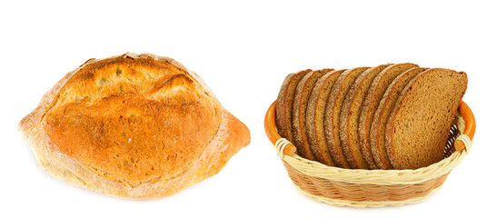 Sliced bread in a basket and loaf of bread isolated on white . Wide photo. Collage.