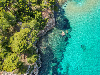 Aerial view over Chrisi Milia beach and the rocky surrounded area in Alonissos island, Greece