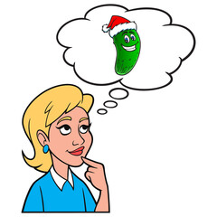 Girl thinking about a Christmas Pickle - A cartoon illustration of a Girl thinking about a Christmas Pickle.