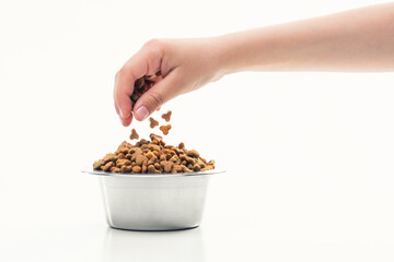 Dry pet food and a woman's hand, pouring food into a plate. Animal feeding concept
