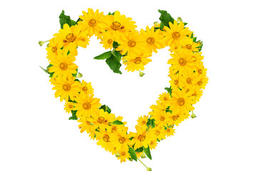 Imitation of a floral heart shape made of yellow flowers
