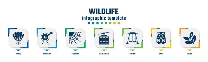 wildlife concept infographic design template. included shell, archery, cobweb, cable car, swing, vest, herb icons and 7 option or steps.