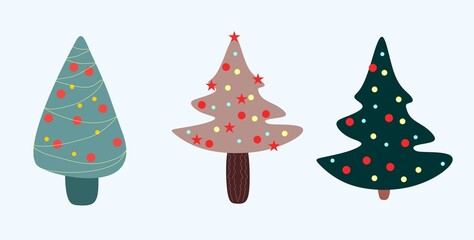 Set christmas tree. Three green tree. Red ball decorative. Res star. Blue christmas tree. 