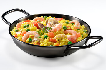 Black Pan with fish paella with saffron vegetables and parsley