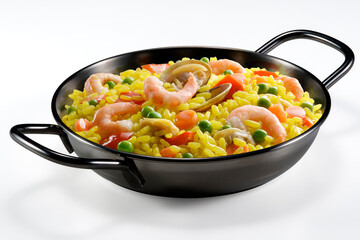 Black Pan with fish paella with saffron vegetables