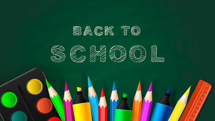 Back to school - blackboard with school supplies and chalk lettering. Vector