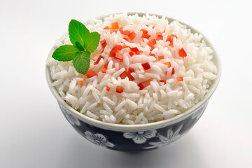 Bowl with boiled thai rice with pepper and mint