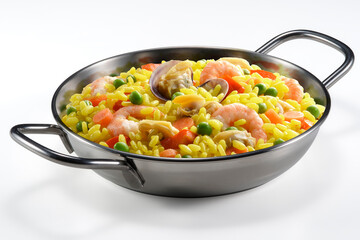 Pan with fish paella with saffron and vegetables