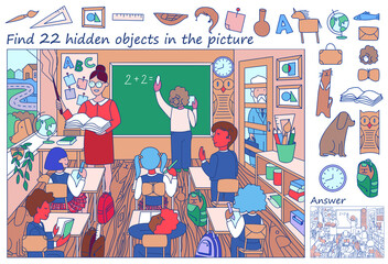 Teacher teach children in class. Find 22 hidden objects in the picture. Puzzle Hidden Items. Lesson in school classroom. Funny cartoon character. Sketch vector illustration