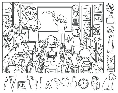 Teacher with children in class. Find and color hidden objects in the picture. Coloring page. Puzzle Hidden Items. Lesson in school classroom. Funny cartoon character. Sketch vector illustration