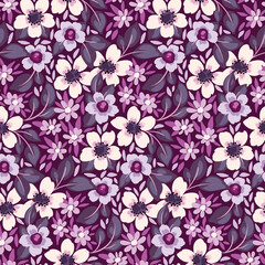 Seamless floral pattern with decorative flowers meadow. Elegant ditsy print, orate botanical background with blue, purple flowers, leaves, herbs on a dark field. Vector illustration.